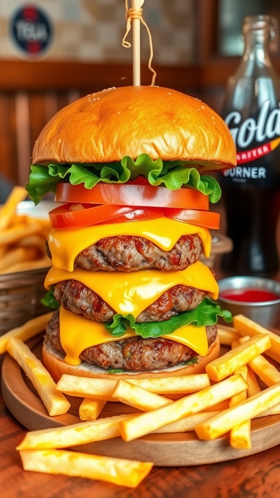 A classic cheeseburger with lettuce, tomato, and cheese served with crispy fries, on a rustic table with ketchup.